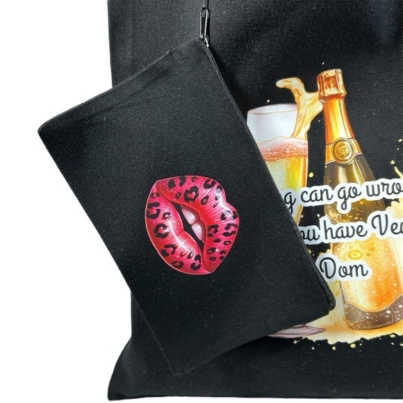 Black Canvas 2 Pc Tote bag & Cosmetics pouch Set Champagne Glass & Bottle design - Picture 4 of 8